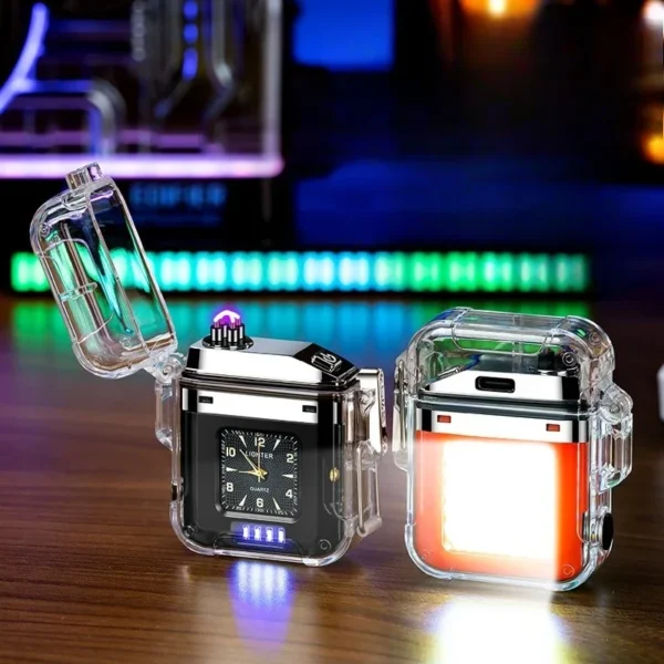 New Double Arc Waterproof Rechargeable Lighter Transparent Shell with Quartz Watch Lighter Cigarette Accessories Gift Wholesale