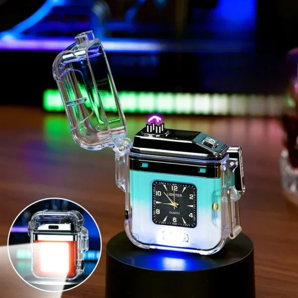 New Double Arc Waterproof Rechargeable Lighter Transparent Shell with Quartz Watch Lighter Cigarette Accessories Gift Wholesale