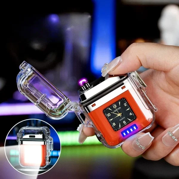 New Double Arc Waterproof Rechargeable Lighter Transparent Shell with Quartz Watch Lighter Cigarette Accessories Gift Wholesale